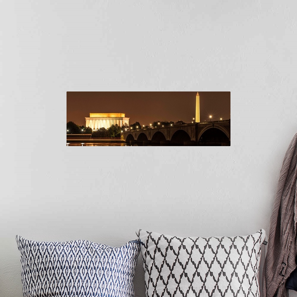 A bohemian room featuring Panoramic photograph of the Lincoln Memorial and Washington Monument lit up at night in Washingto...