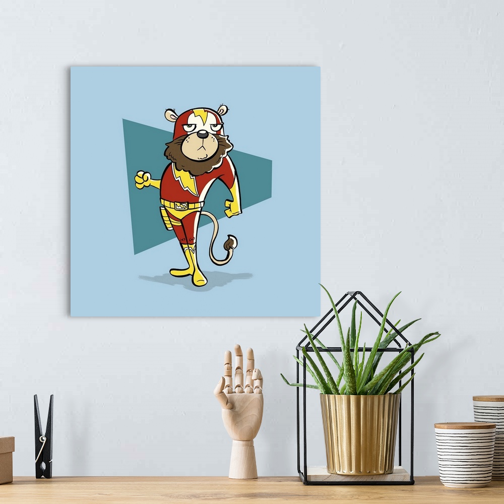 A bohemian room featuring A lion superhero with a mask, striking a pose.