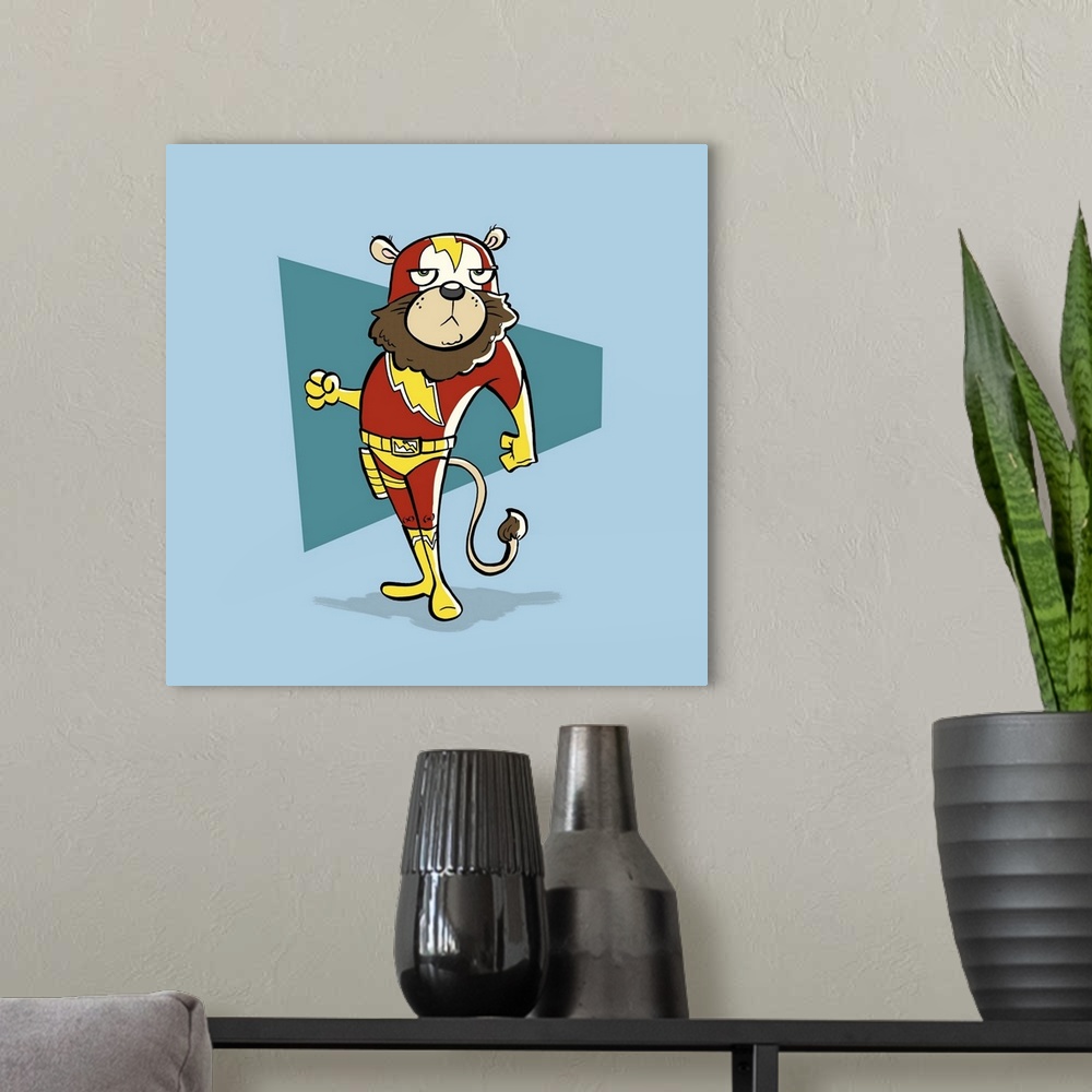 A modern room featuring A lion superhero with a mask, striking a pose.