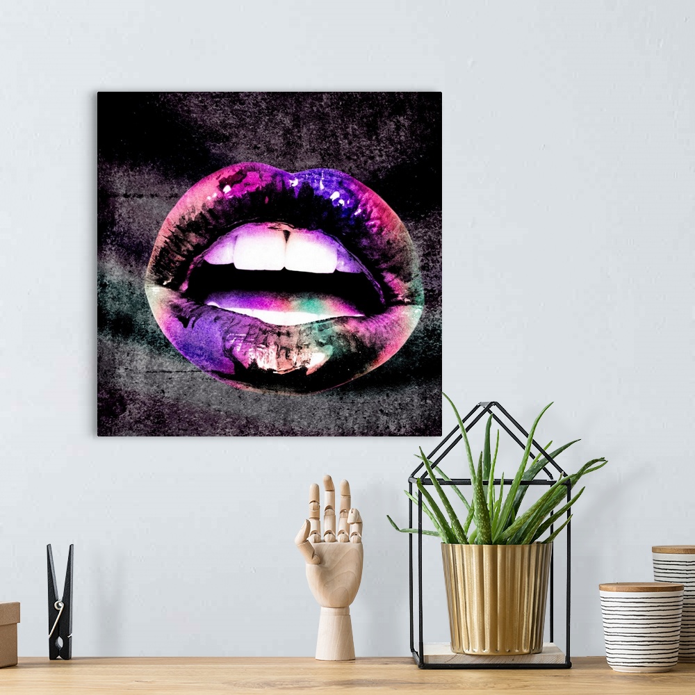 A bohemian room featuring A trippy, pop art image of a pair of parted lips with a shimmery pink and purply effect over the ...