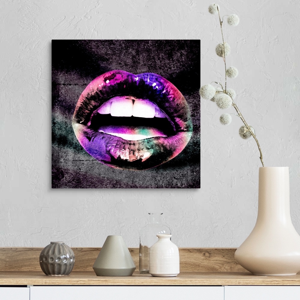 A farmhouse room featuring A trippy, pop art image of a pair of parted lips with a shimmery pink and purply effect over the ...