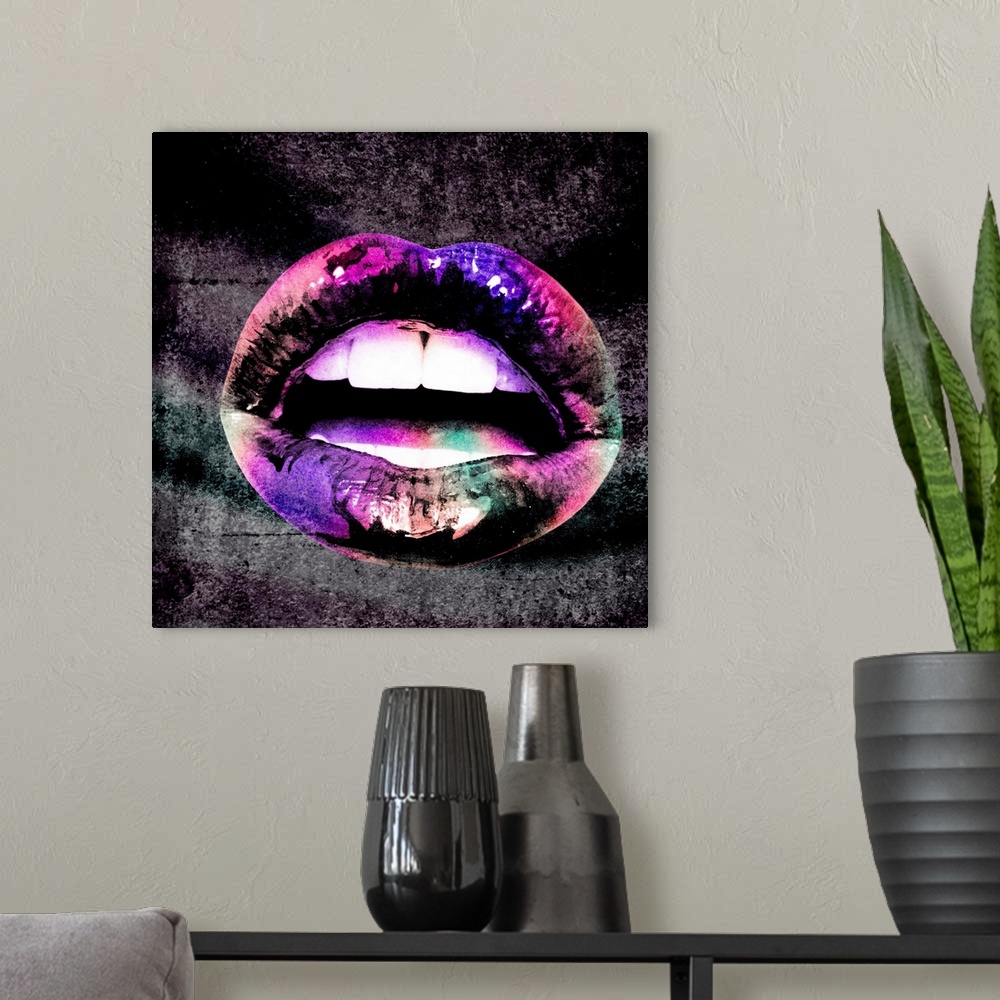 A modern room featuring A trippy, pop art image of a pair of parted lips with a shimmery pink and purply effect over the ...