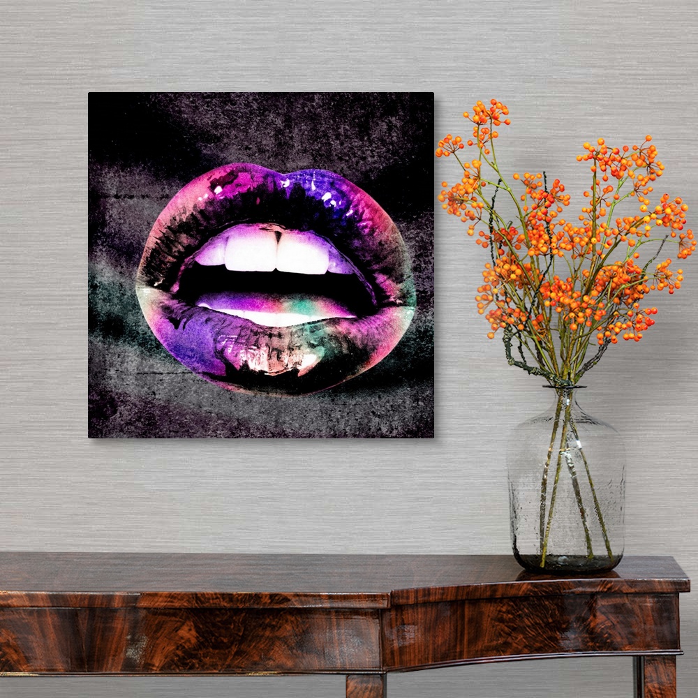 A traditional room featuring A trippy, pop art image of a pair of parted lips with a shimmery pink and purply effect over the ...