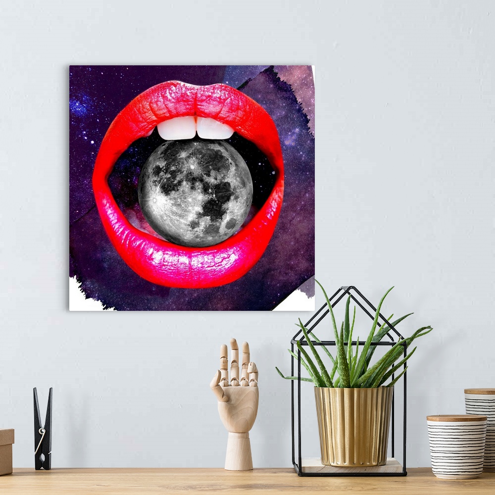 A bohemian room featuring A funky, pop art image of a pair of brightly colored lips holding the moon between their teeth.