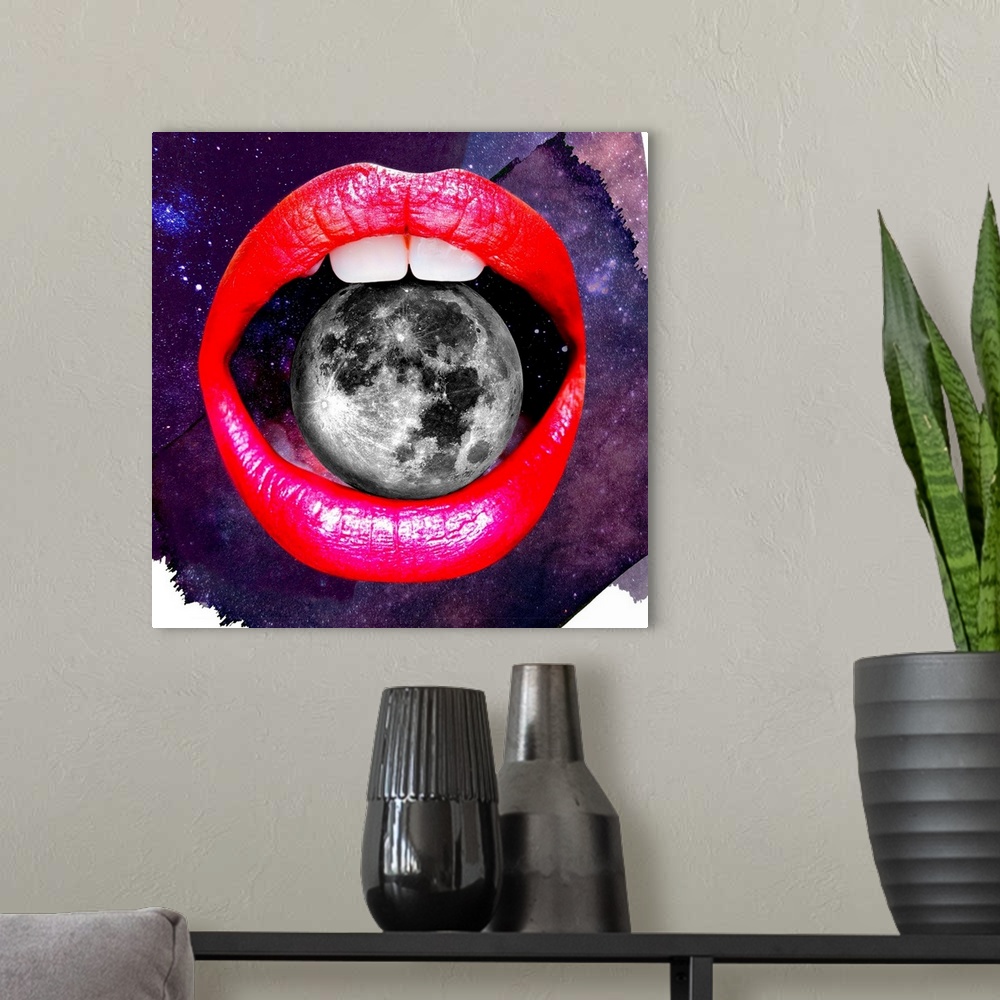 A modern room featuring A funky, pop art image of a pair of brightly colored lips holding the moon between their teeth.