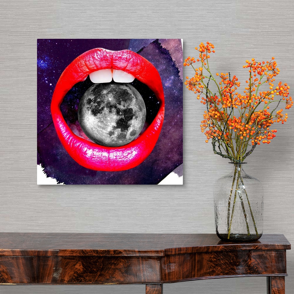 A traditional room featuring A funky, pop art image of a pair of brightly colored lips holding the moon between their teeth.