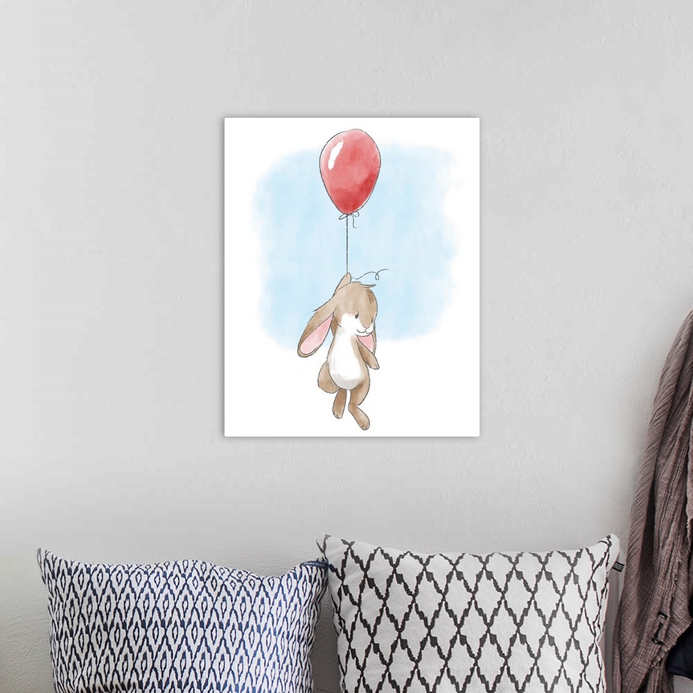 A bohemian room featuring Watercolor nursery illustration of a brown bunny hanging onto a red balloon.
