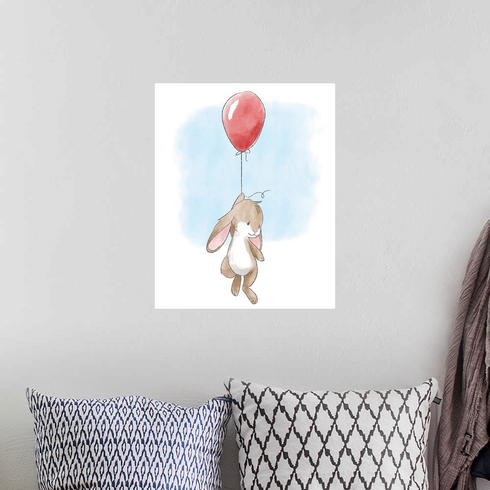 A bohemian room featuring Watercolor nursery illustration of a brown bunny hanging onto a red balloon.