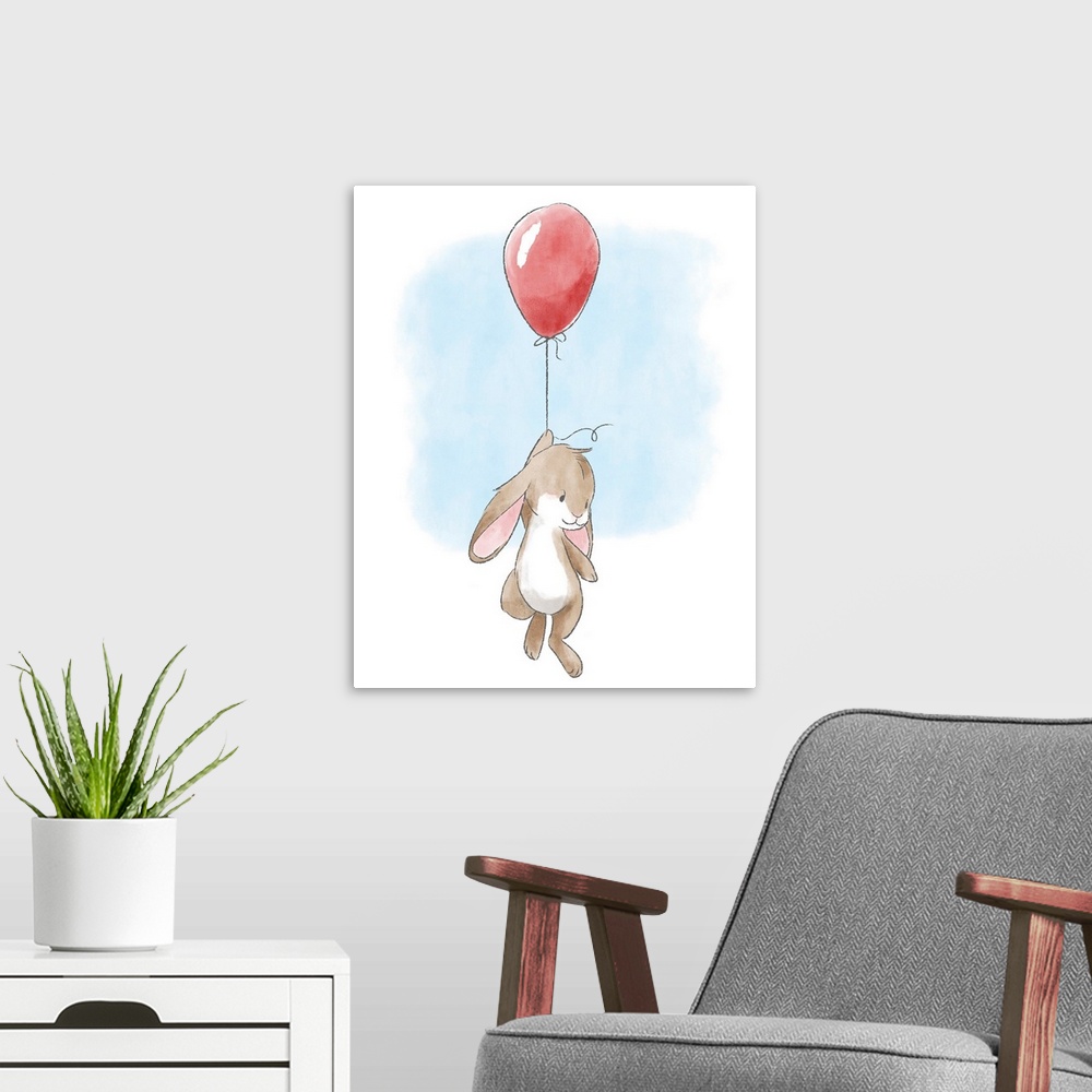 A modern room featuring Watercolor nursery illustration of a brown bunny hanging onto a red balloon.