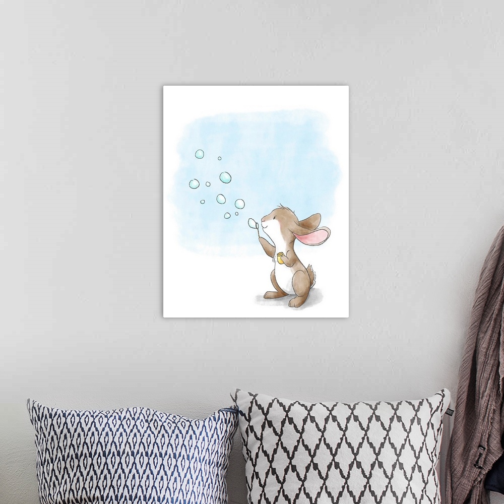A bohemian room featuring Watercolor nursery illustration of a brown bunny blowing bubbles.