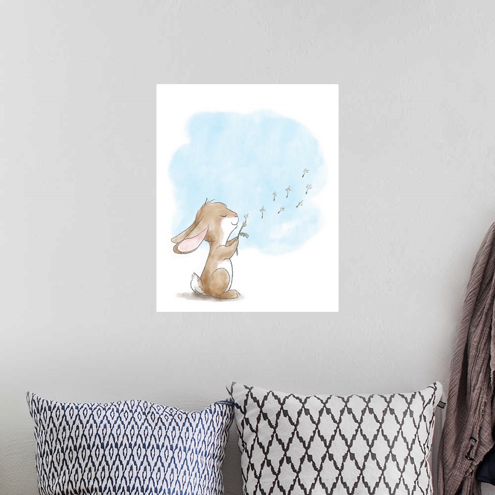 A bohemian room featuring Watercolor nursery illustration of a brown bunny blowing dandelion seeds.