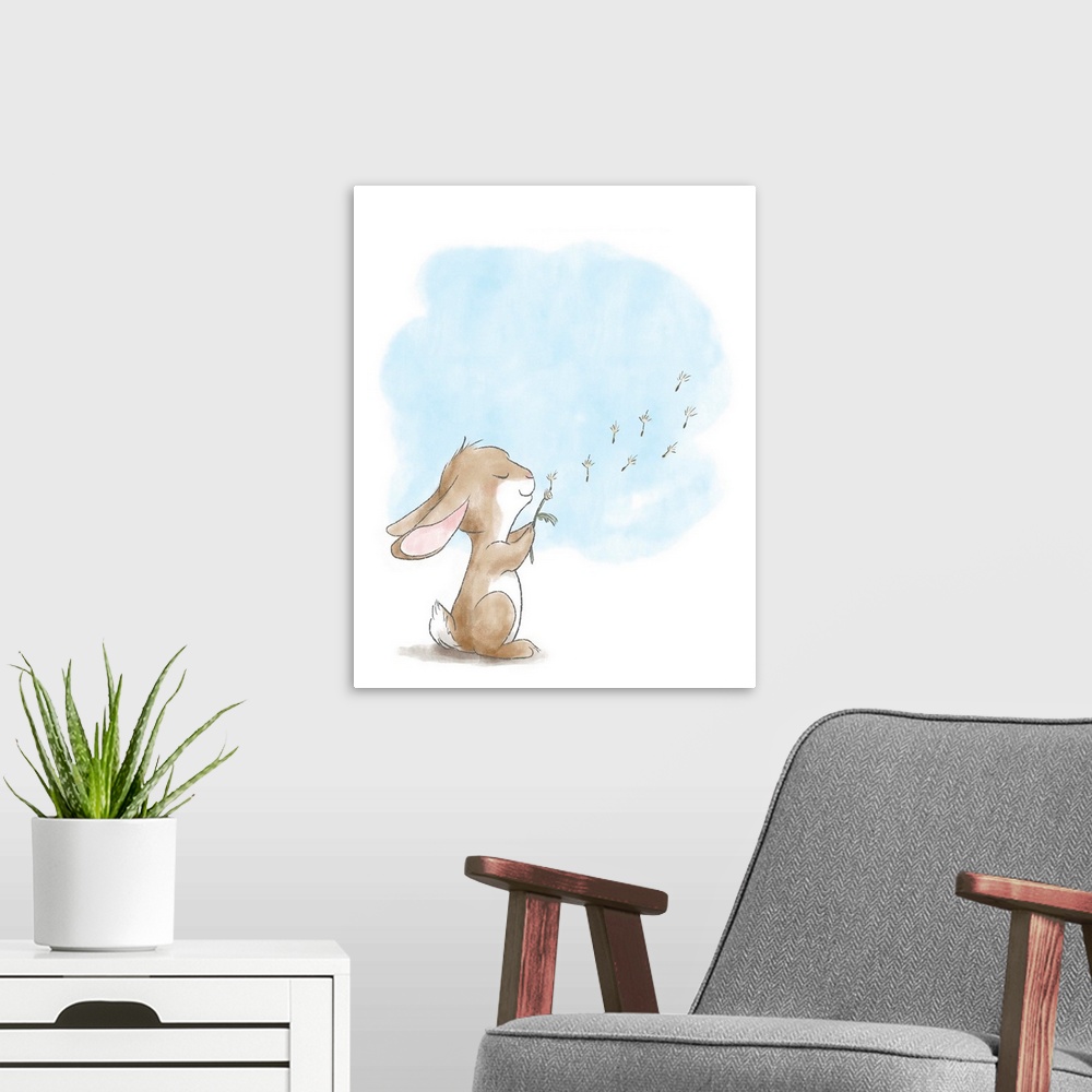 A modern room featuring Watercolor nursery illustration of a brown bunny blowing dandelion seeds.