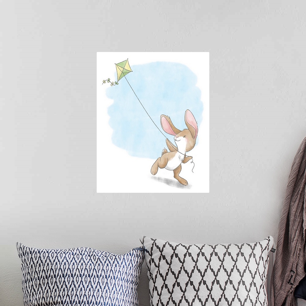 A bohemian room featuring Watercolor nursery illustration of a brown bunny flying a green and yellow kite.