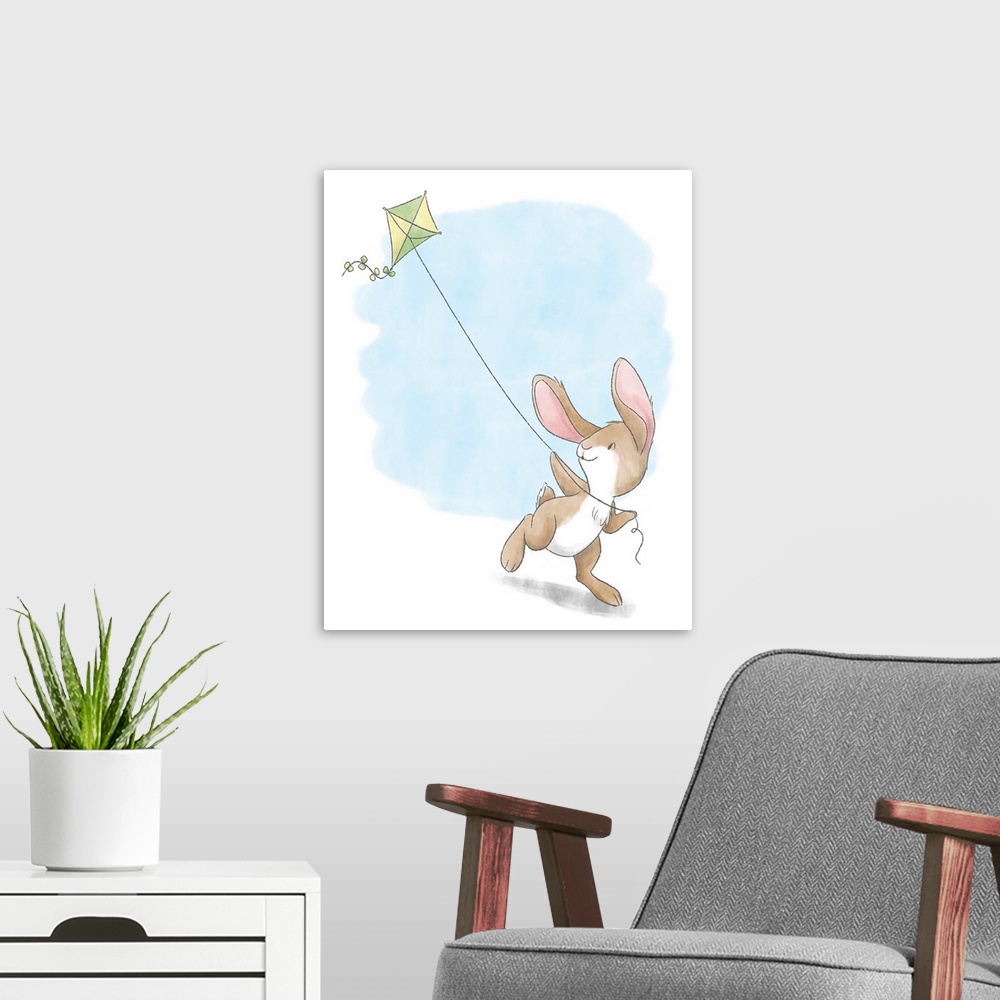 A modern room featuring Watercolor nursery illustration of a brown bunny flying a green and yellow kite.