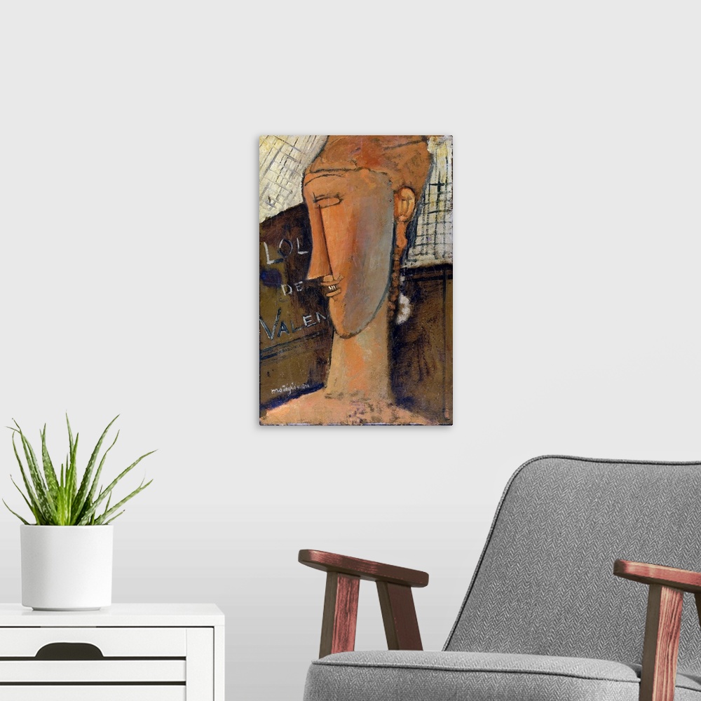 A modern room featuring Modigliani consistently integrated stylistic features of African art into his distinctive portrai...