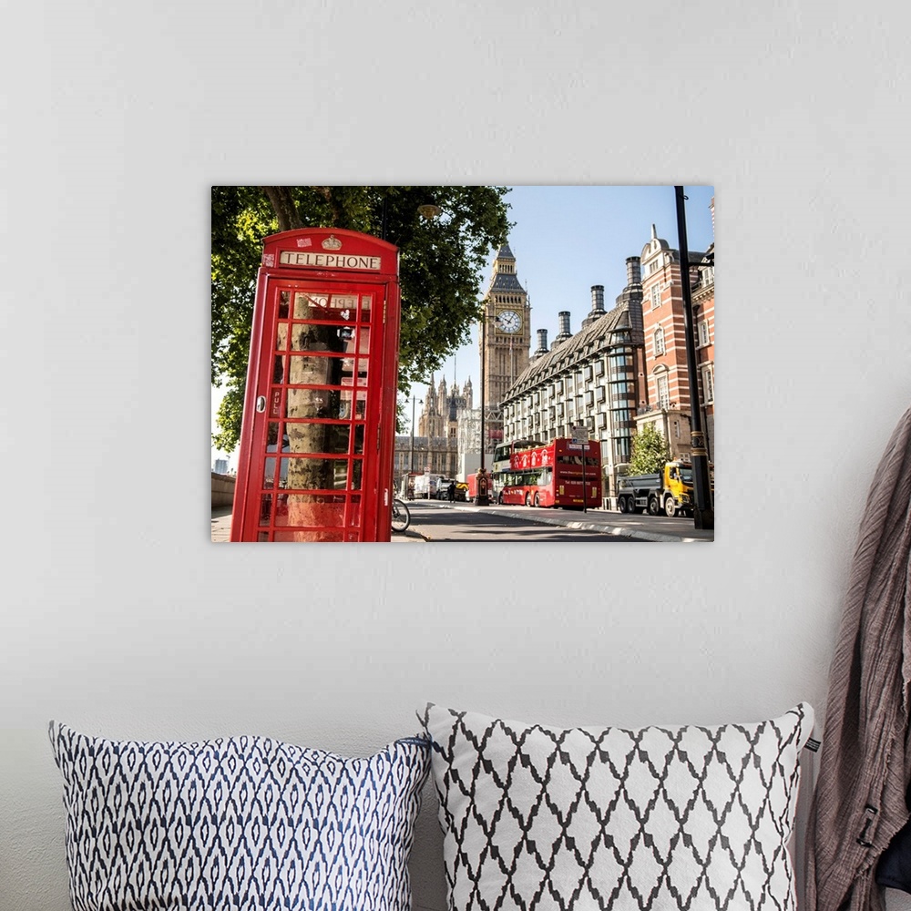 A bohemian room featuring Cityscape photograph of London, England with a telephone booth in the foreground and Big Ben in t...