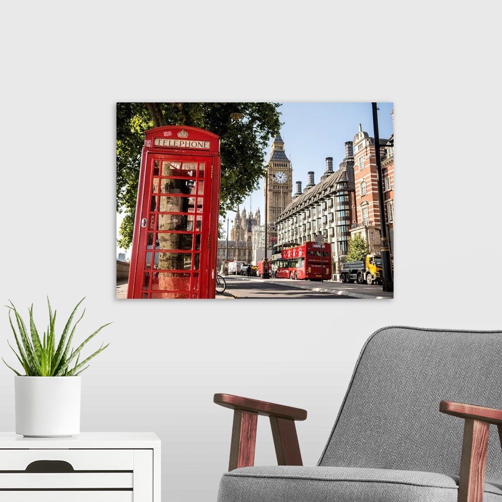 A modern room featuring Cityscape photograph of London, England with a telephone booth in the foreground and Big Ben in t...