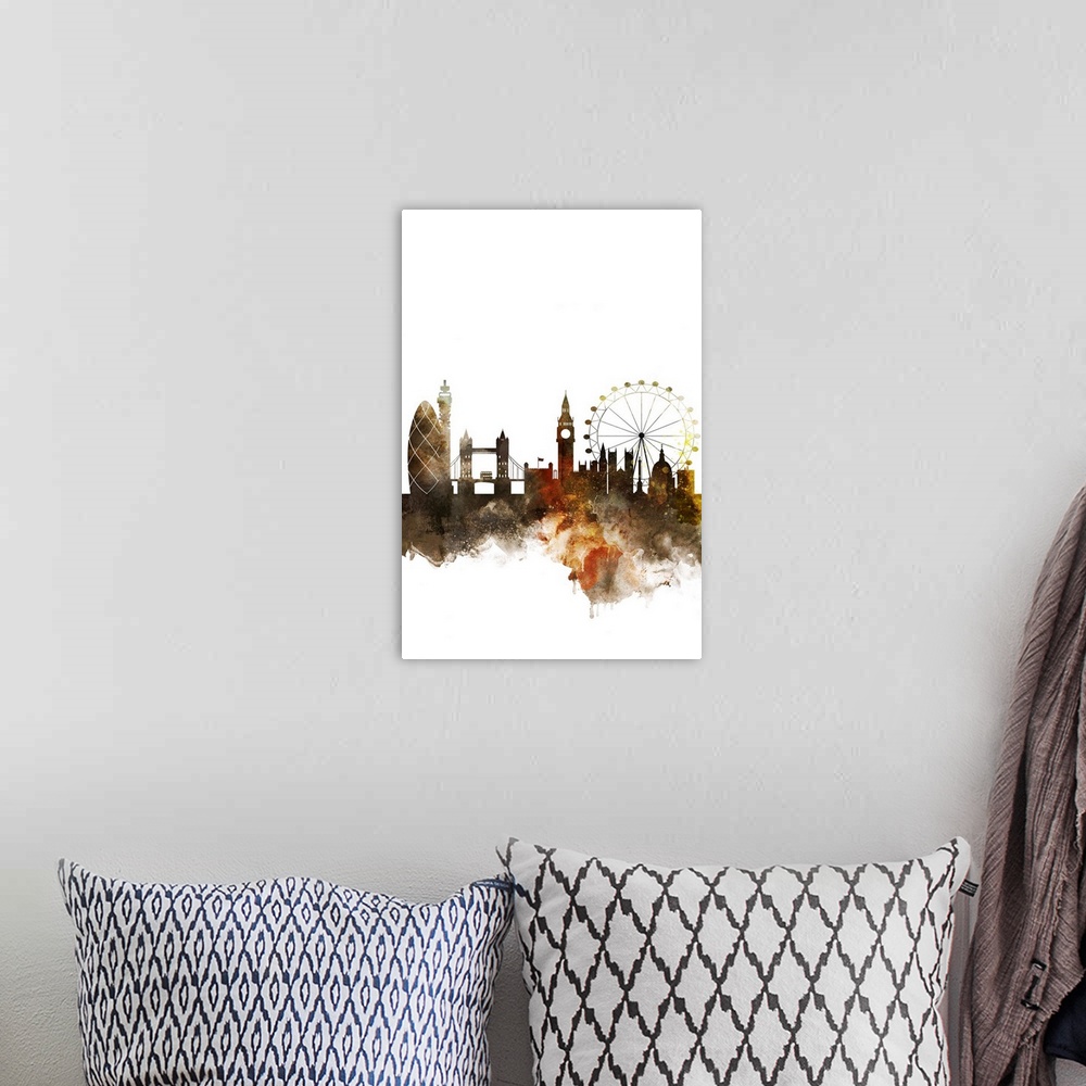 A bohemian room featuring The London city skyline in colorful watercolor splashes.