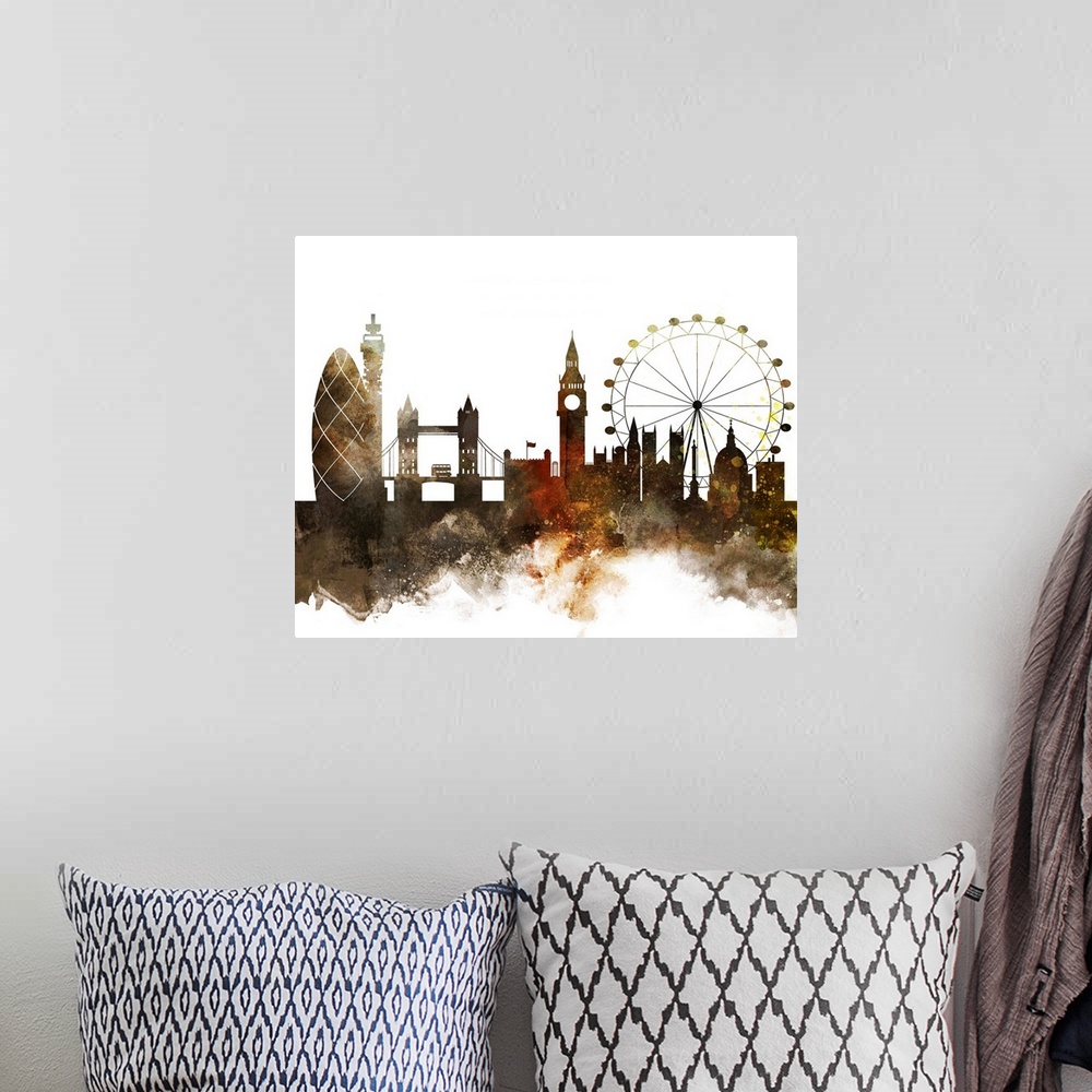 A bohemian room featuring The London city skyline in colorful watercolor splashes.