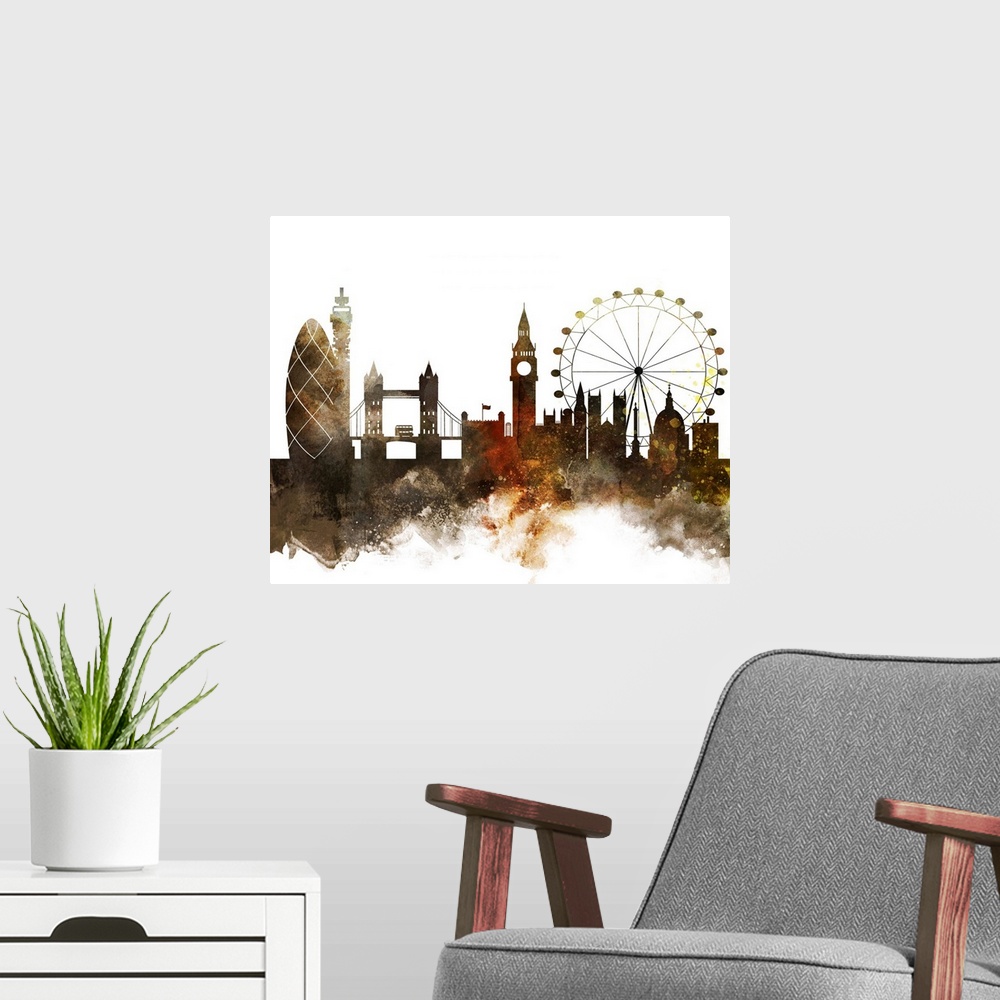 A modern room featuring The London city skyline in colorful watercolor splashes.