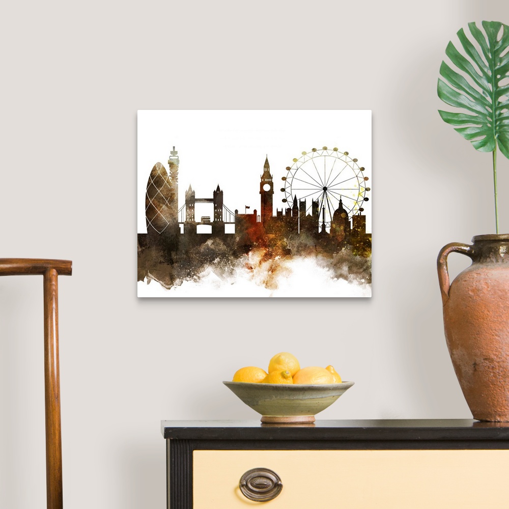 A traditional room featuring The London city skyline in colorful watercolor splashes.