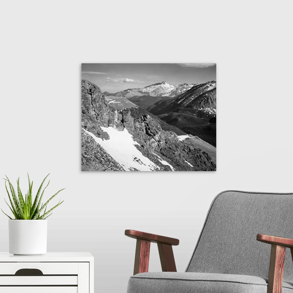 A modern room featuring Long's Peak, Rocky Mountain National Park, panorama of barren mountains with snow.