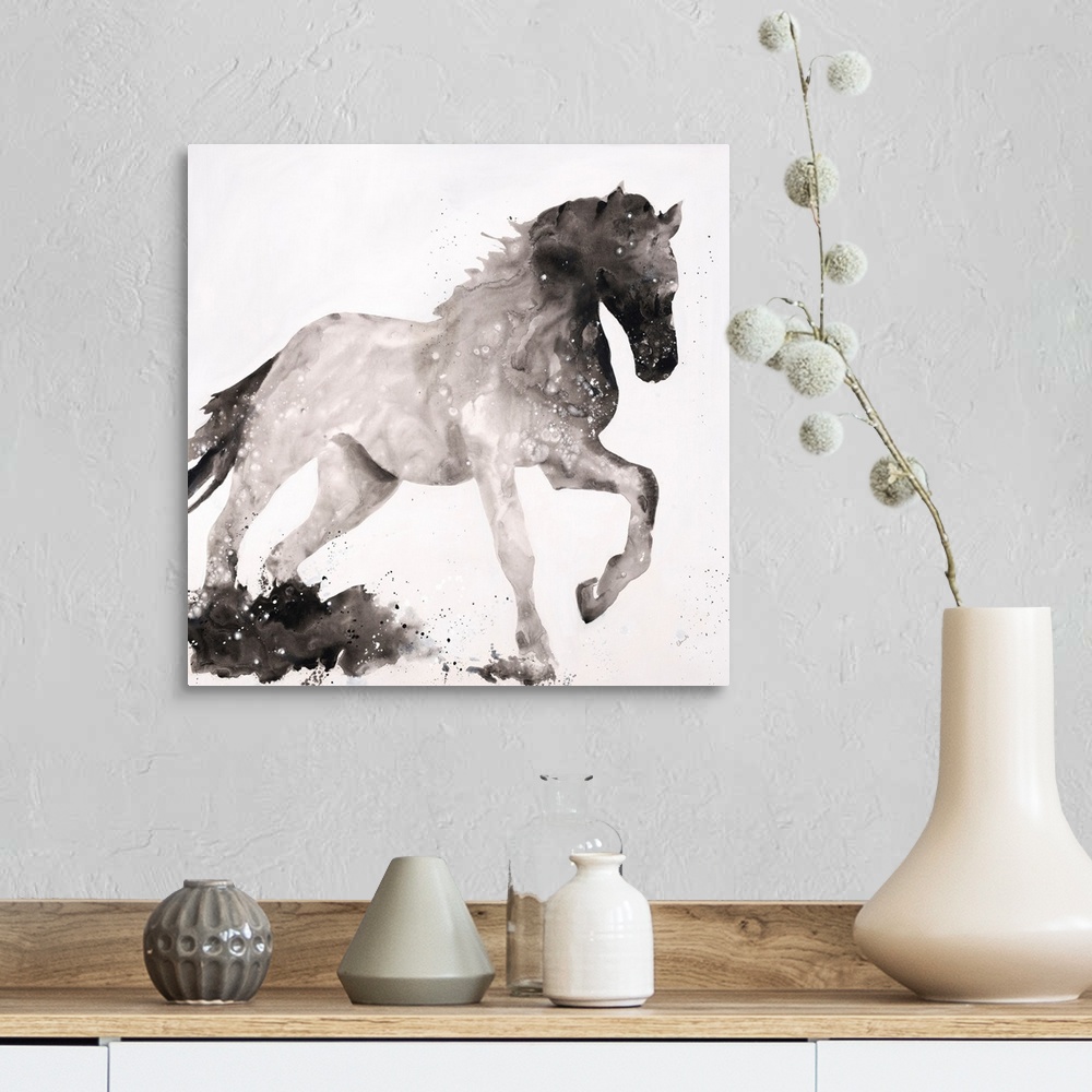 A farmhouse room featuring Silhouette of a horse with its front leg up in shades of black and gray on a white, square backgr...