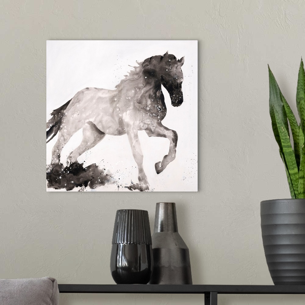 A modern room featuring Silhouette of a horse with its front leg up in shades of black and gray on a white, square backgr...