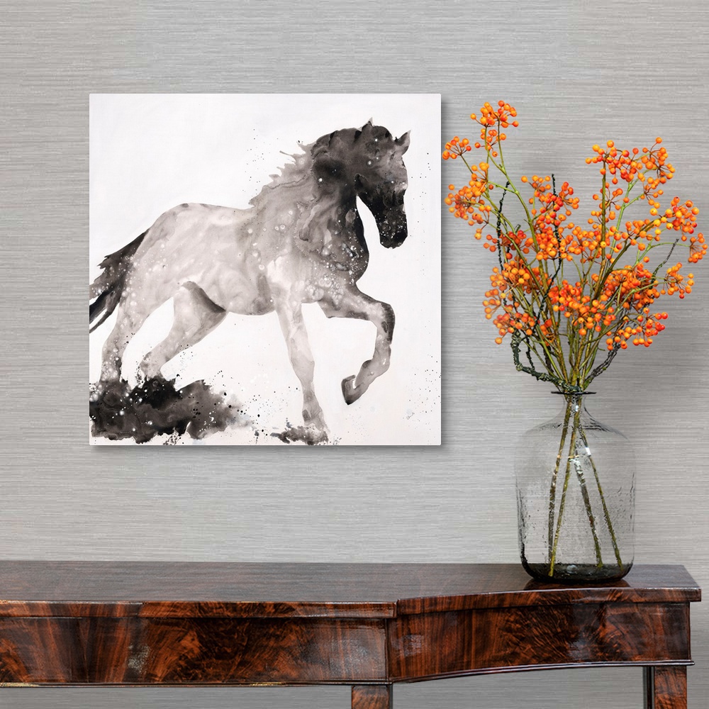 A traditional room featuring Silhouette of a horse with its front leg up in shades of black and gray on a white, square backgr...