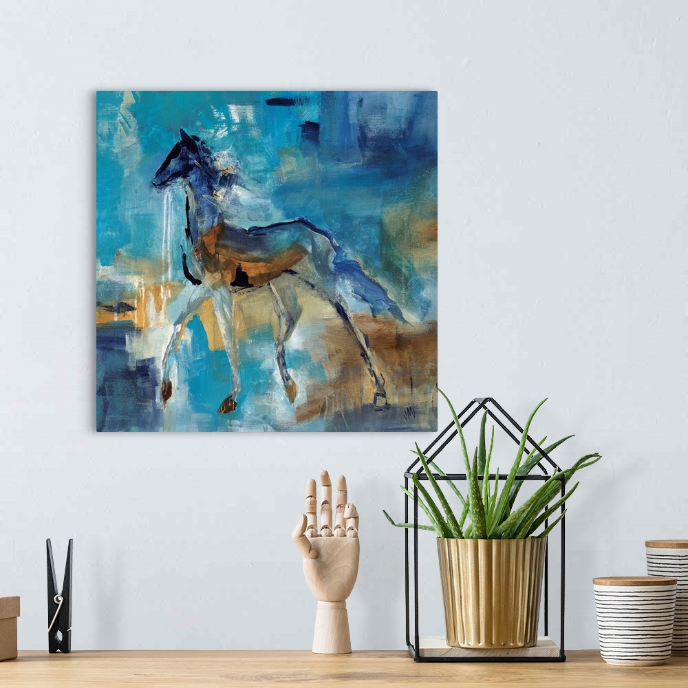 A bohemian room featuring Abstract portrait of a horse in various shades of blue and brown.