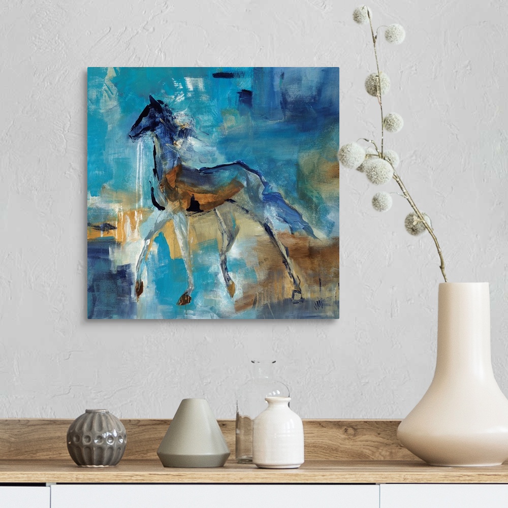 A farmhouse room featuring Abstract portrait of a horse in various shades of blue and brown.