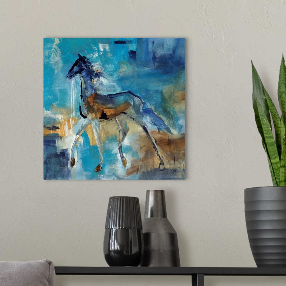 A modern room featuring Abstract portrait of a horse in various shades of blue and brown.