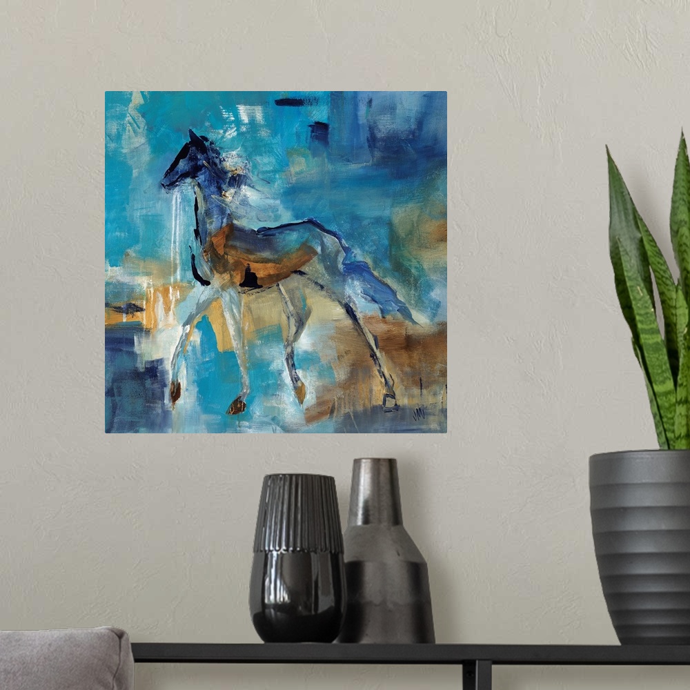 A modern room featuring Abstract portrait of a horse in various shades of blue and brown.
