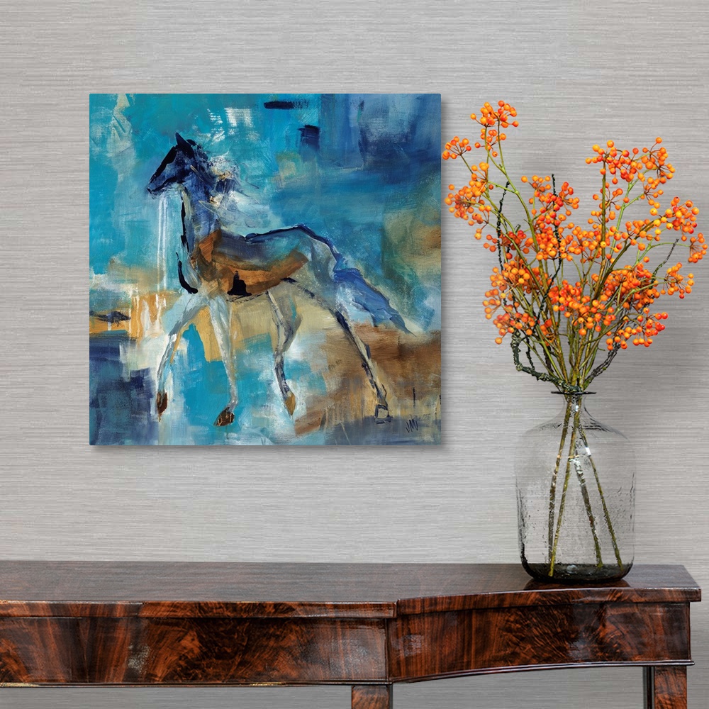 A traditional room featuring Abstract portrait of a horse in various shades of blue and brown.