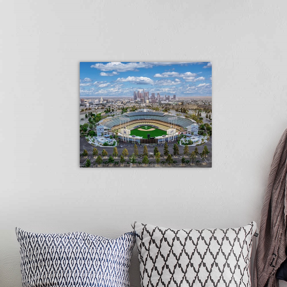 A bohemian room featuring Aerial view of the Dodger Stadium with the Los Angeles skyline in the distance, California.