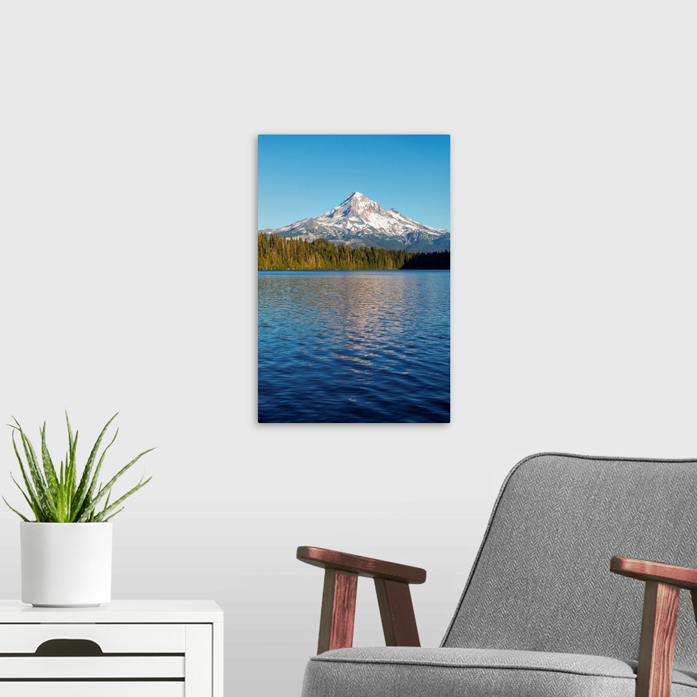 A modern room featuring View of Lost Lake with Mount Hood in the background, Portland, Oregon.