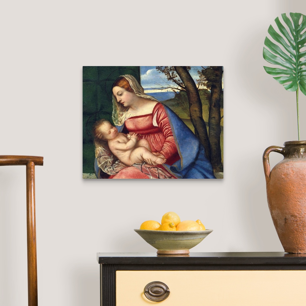 A traditional room featuring This is among the earliest devotional paintings of the Madonna and Child by Titian, dating to abo...