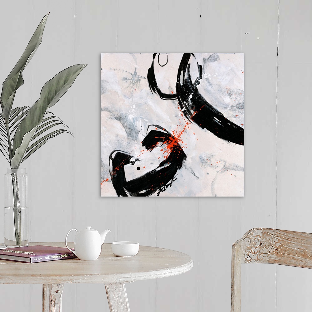 A farmhouse room featuring A fierce abstract contemporary painting with bold, dark strokes moving purposefully over the neut...