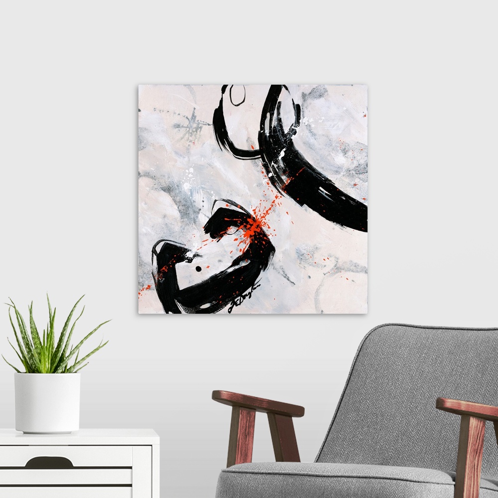 A modern room featuring A fierce abstract contemporary painting with bold, dark strokes moving purposefully over the neut...