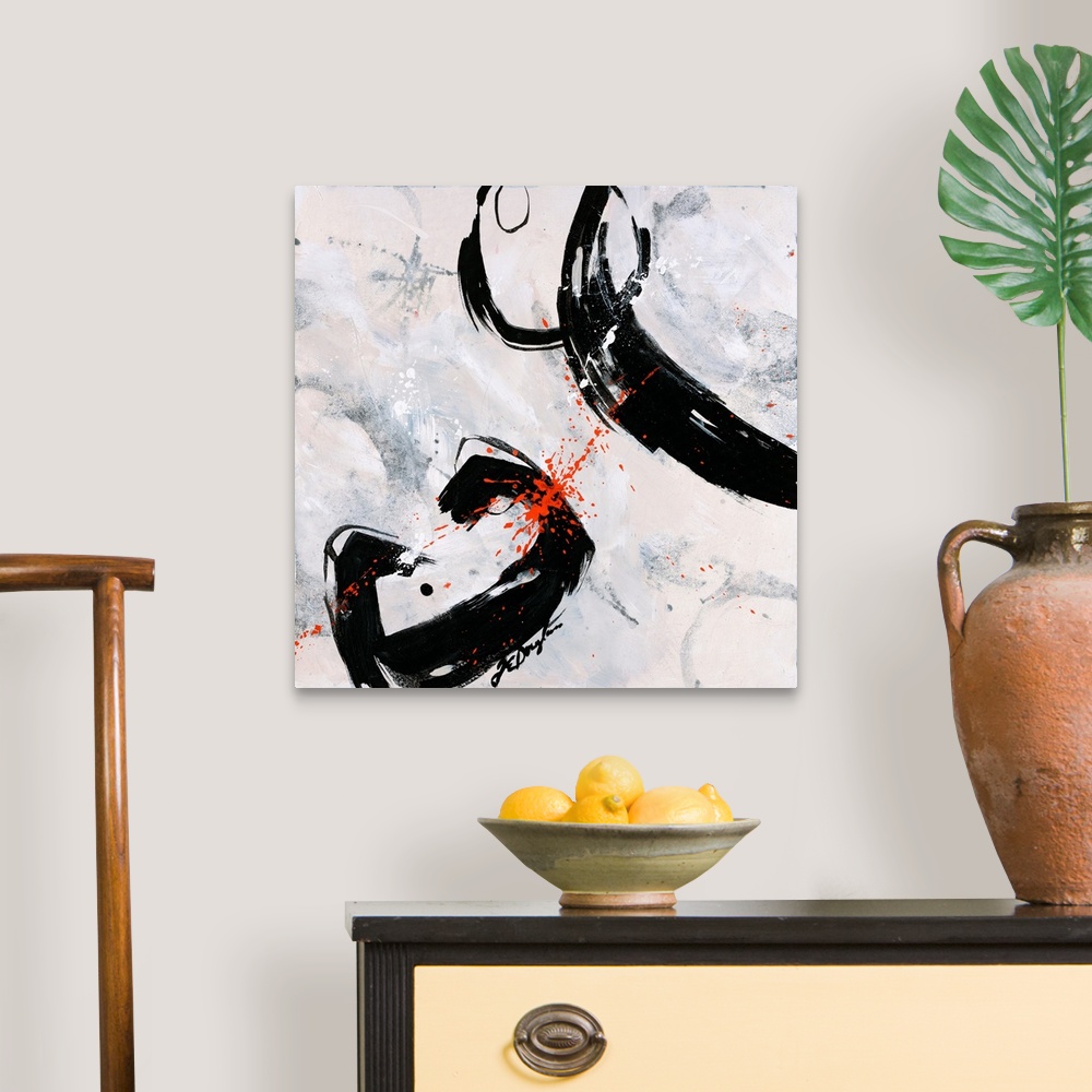 A traditional room featuring A fierce abstract contemporary painting with bold, dark strokes moving purposefully over the neut...