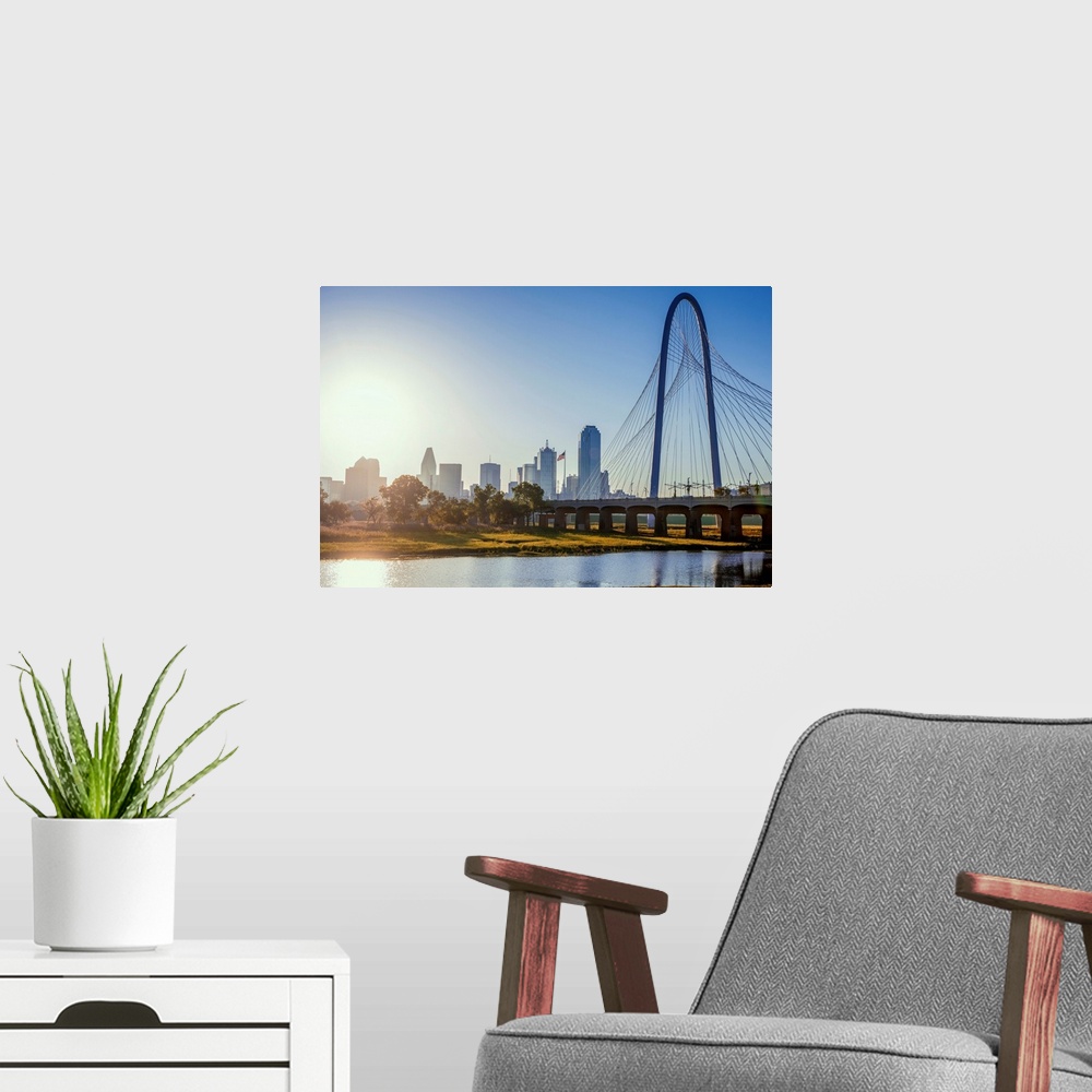 A modern room featuring The Margaret Hunt Hill Bridge spans the Trinity River in Dallas, Texas.