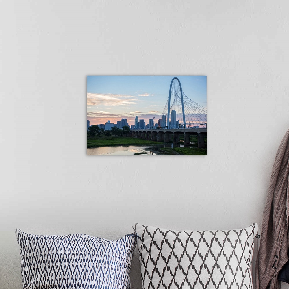 A bohemian room featuring The Margaret Hunt Hill Bridge spans the Trinity River in Dallas, Texas.