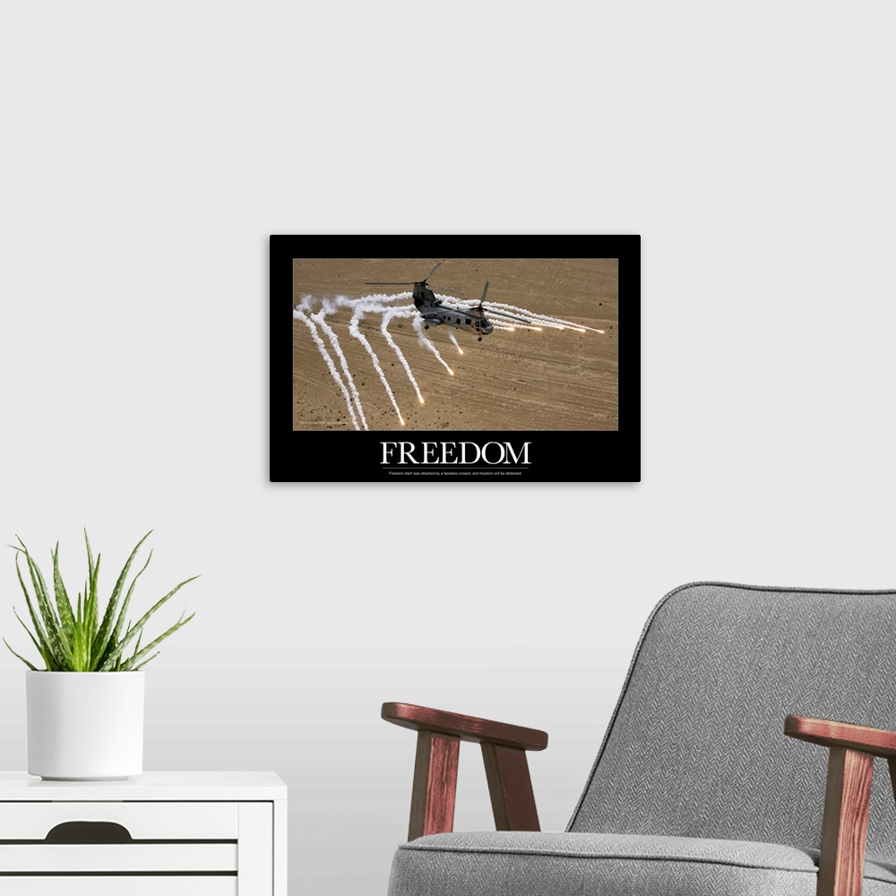A modern room featuring A military helicopter is pictured as it shoots numerous flares above the desert. The word freedom...