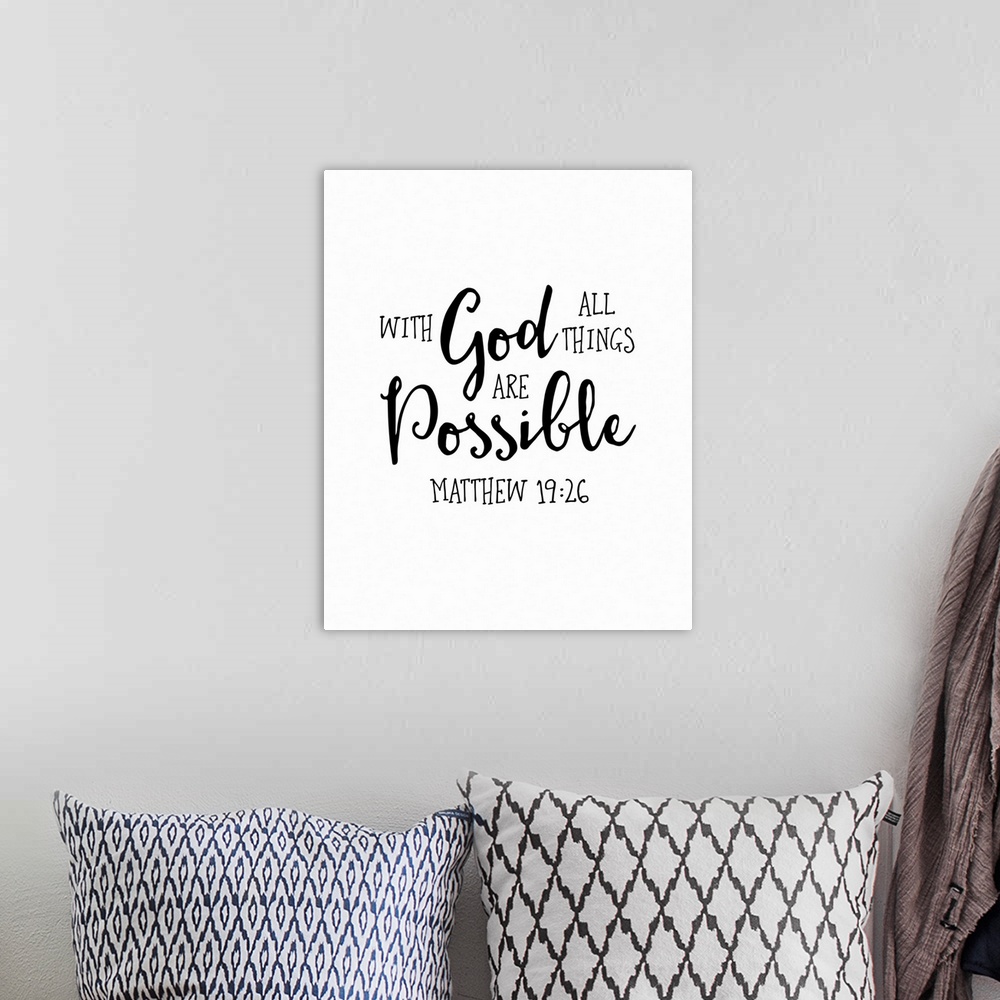 A bohemian room featuring Handlettered Bible verse reading With God all things are possible.