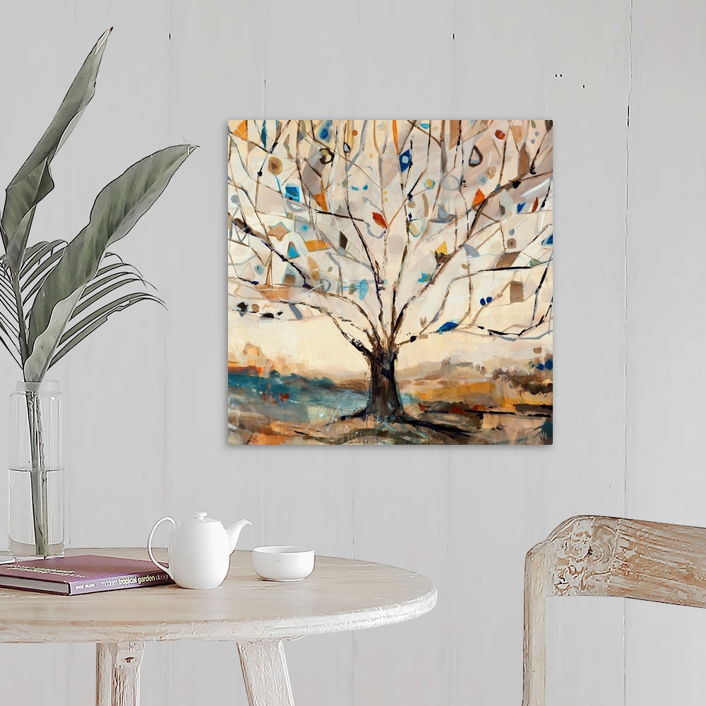 A farmhouse room featuring Large square contemporary art displays a Merkaba tree filled with birds that is surrounded by a d...