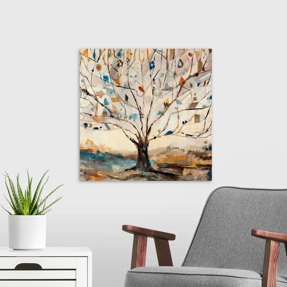 A modern room featuring Large square contemporary art displays a Merkaba tree filled with birds that is surrounded by a d...