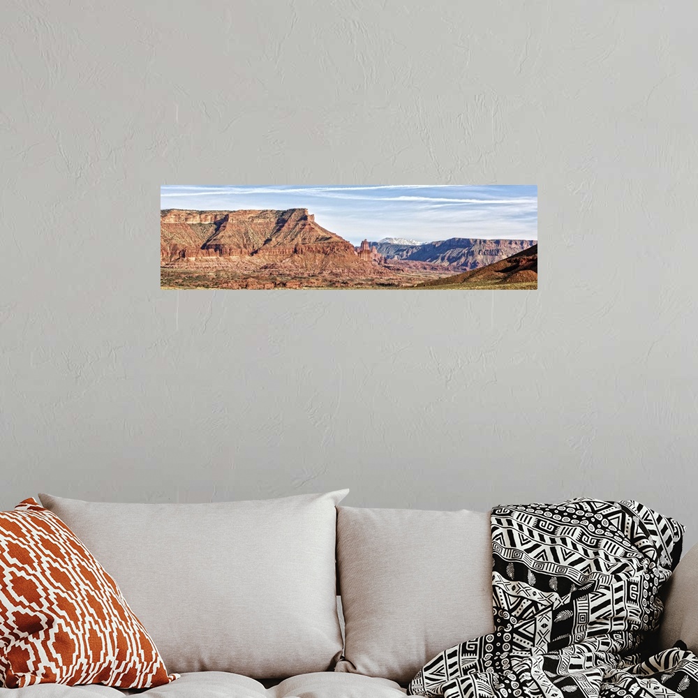A bohemian room featuring Red rock cliffs in the desert landscape of Salt Valley in Arches National Park, Moab, Utah.