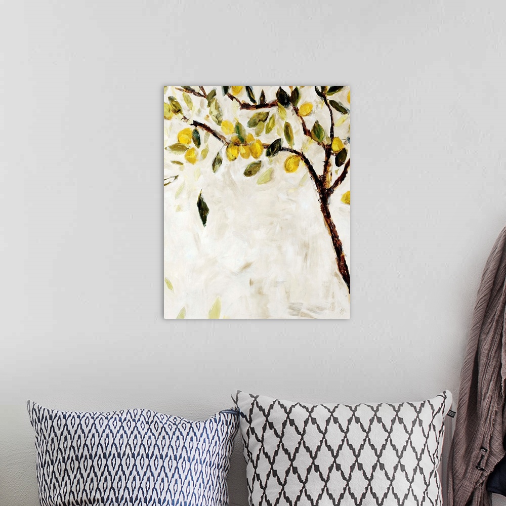 A bohemian room featuring Contemporary painting of a Meyer lemon tree over a neutral background.