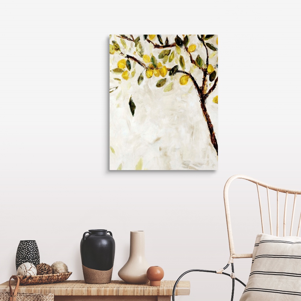 A farmhouse room featuring Contemporary painting of a Meyer lemon tree over a neutral background.