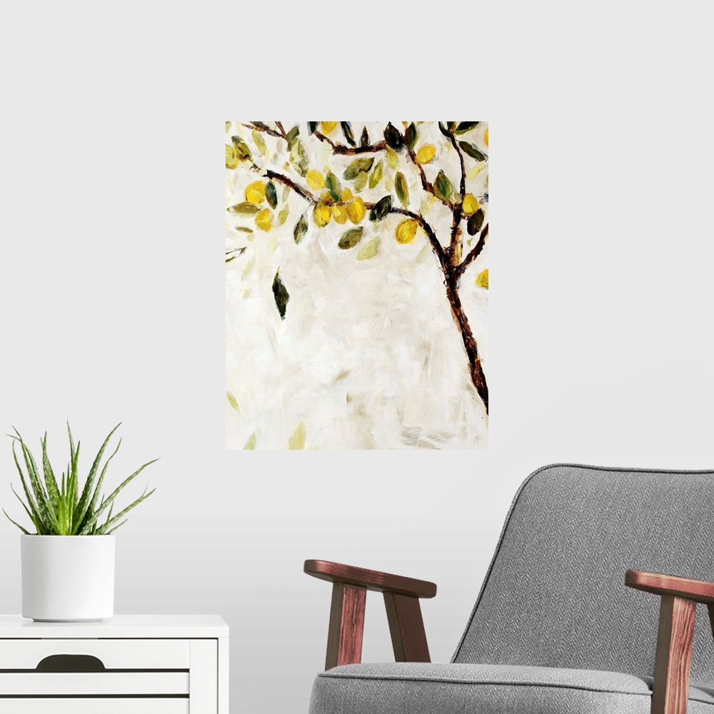 A modern room featuring Contemporary painting of a Meyer lemon tree over a neutral background.